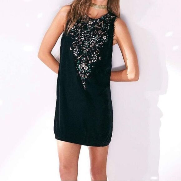 Urban Outfitters Dress Ecote Black Velvet Beaded Art Deco Retro Whimsigoth Shift - Picture 4 of 15